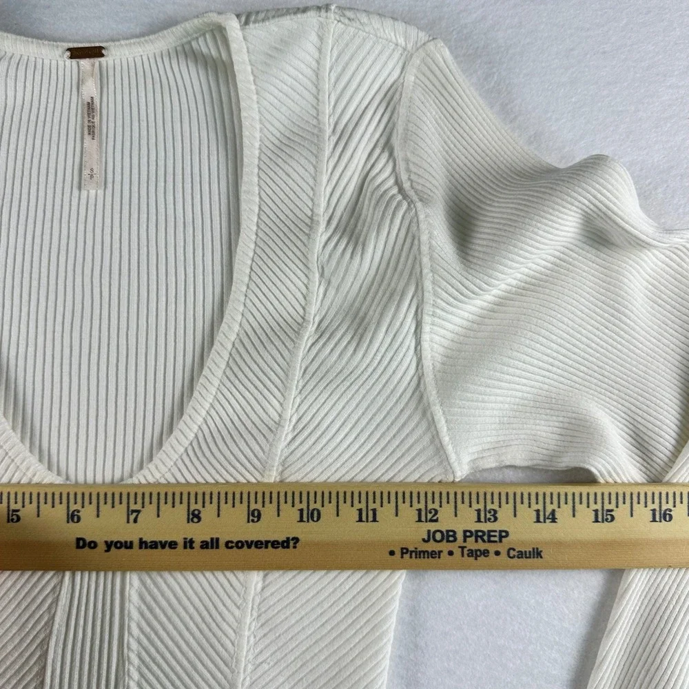 Free People White Ribbed Knit Scoop Neck Corset Top Long Sleeve Wide Cuff Small